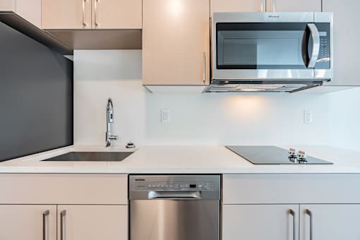 A modern kitchen with a stainless steel dishwasher and a microwave above the stove.