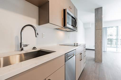 A modern kitchen with a stainless steel sink and a microwave above the stove.