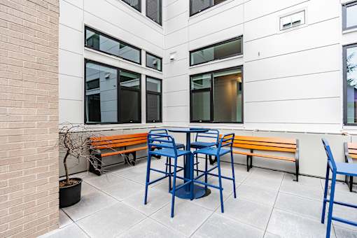 A patio with a table and chairs and a potted plant.
