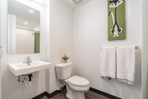 A bathroom with a toilet, sink, and towels.