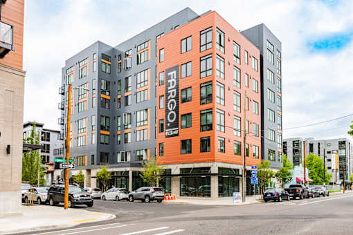 A modern multi-story building with the name "FARGO" on the side.