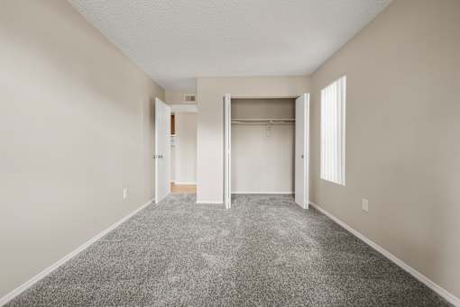 A room with a carpeted floor and a closet with a door.