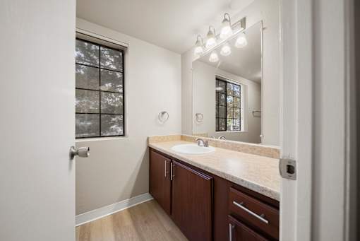 A bathroom with a sink, mirror, and a window.