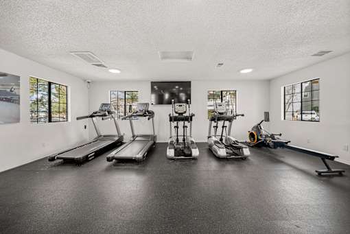 A gym with treadmills, elliptical machines, and a rowing machine.