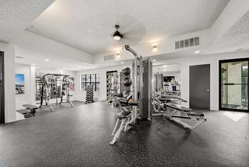 A spacious gym with a variety of equipment.