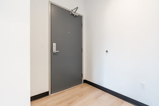 A door with a handle and a lock is closed.