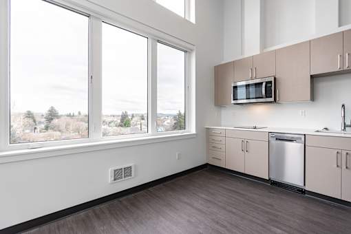 A kitchen with a microwave on the counter and a dishwasher underneath it.