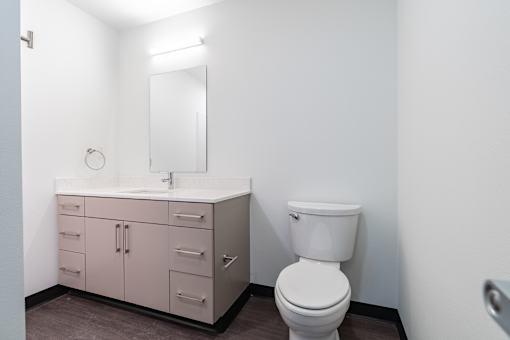 A white toilet sits next to a sink in a bathroom.