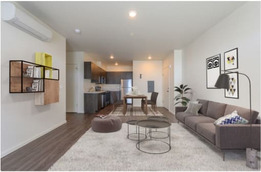 a living room with a couch and a table