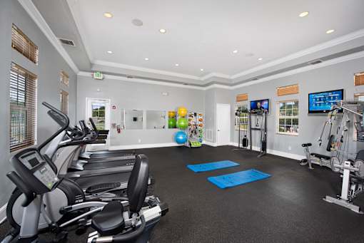 A spacious gym with treadmills, exercise balls, and a television.