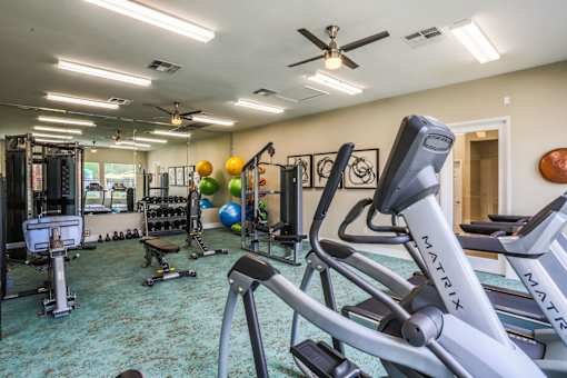 A gym with a variety of equipment including treadmills, weights, and exercise balls.