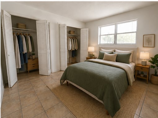 Comfortable bedroom at RTW Rentals in Fort Lauderdale featuring spacious layouts, natural light, tile flooring, and relaxing living spaces.