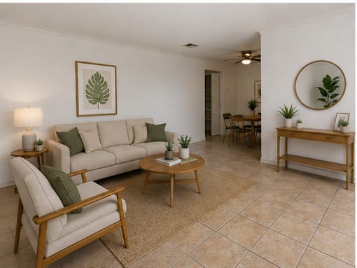 Spacious living room at RTW Rentals in Fort Lauderdale, FL featuring comfortable seating areas, natural light, open living space, and tile flooring.