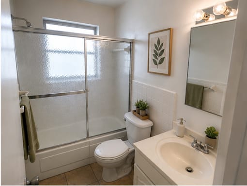 Bright bathroom at RTW Rentals in Fort Lauderdale featuring a full tub and shower combination, vanity storage, and practical everyday finishes.
