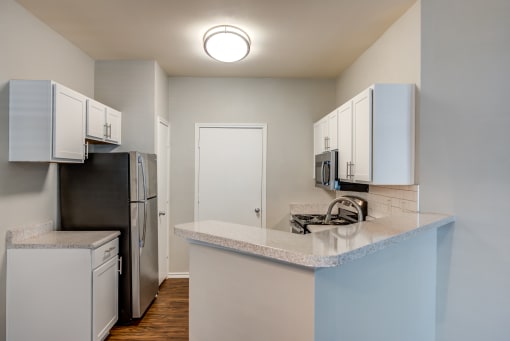 Apartments for Rent in Grand Prairie - Forum at Grand Prairie - Kitchen with Stainless-Steel Appliances, Granite-Style Countertops, and White Cabinetry