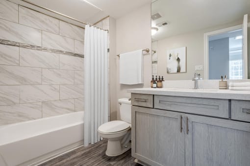 Pet-Friendly Apartments in Houston, TX – Gramercy Park – a bathroom with a shower and a toilet and a sink