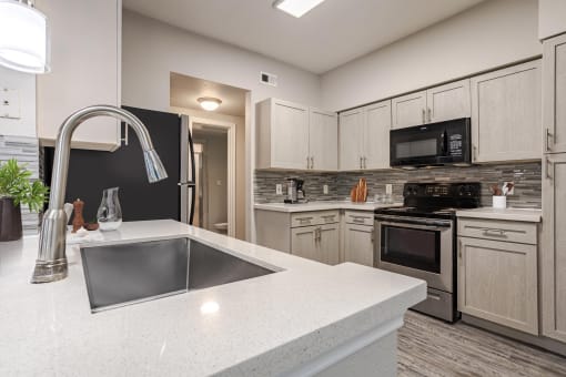 Apartments in Houston, TX for Rent – Gramercy Park -  a kitchen with a sink and a stove and a microwave