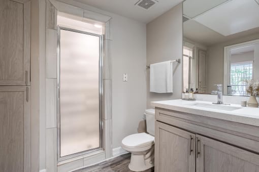 Houston Apartments – Gramercy Park – bathroom with walk-in shower, toilet and a sink