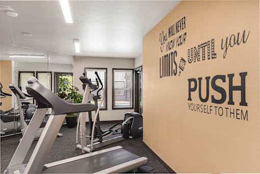A gym with treadmills, exercise bikes, and weights.
