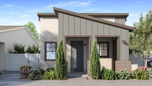 a rendering of a gray house with a black door and a driveway