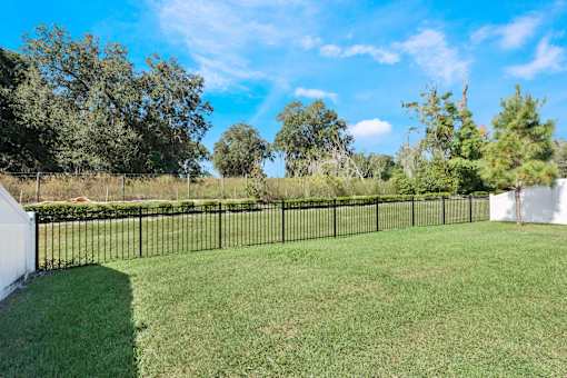 A black fence surrounds a grassy area with trees in the background.