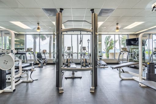 Horizons North Apartments near Andover, FL photo of a gym with cardio equipment and windows in the background