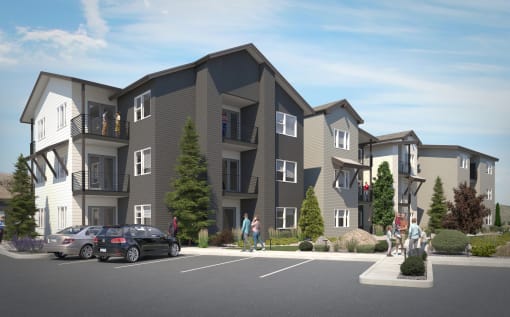 a rendering of an apartment building with cars parked in front of it