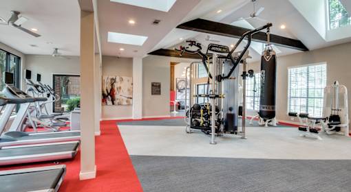 A gym with a red carpet and various exercise equipment.