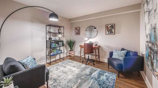 A living room with a grey couch, a blue couch, a rug, a desk, a chair, a potted plant, and a bookshelf.