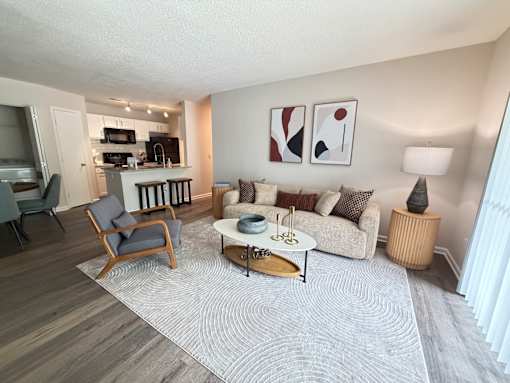 A living room with a grey rug and a white couch.