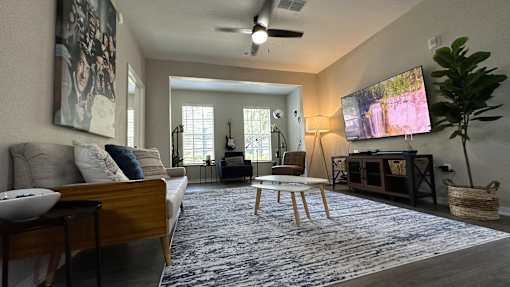 A living room with a couch, a chair, a rug, and a television.