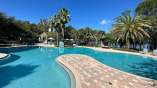 A swimming pool surrounded by palm trees and a sunny sky.