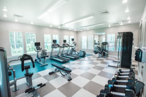State-of-the-art 24-hour fitness center equipped with cardio machines and free weights at The Sanctuary at 331