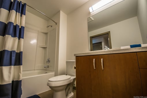 Portland, OR Apartments for Rent - Corbett Heights - Bathroom with Shower/Tub Combo, Curtain, Vanity, and Large Mirror