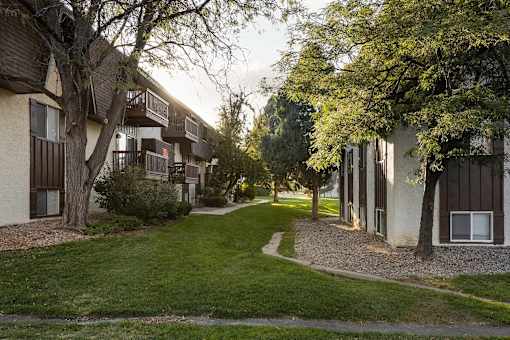 A tree-lined pathway leads to apartment buildings.