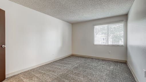 A room with a carpeted floor and a window with blinds.