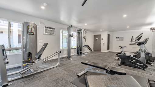 A spacious gym with a variety of equipment including treadmills, stationary bikes, and weight machines.