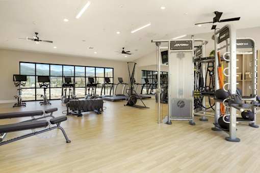 A gym with a variety of equipment including treadmills, weights, and exercise machines.