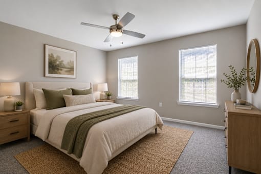 Spacious primary bedroom at Lancaster Place Apartments in Calera, Alabama featuring large windows, neutral finishes, and abundant natural light.