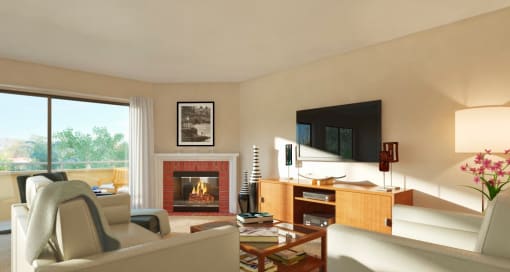 Two BR Apartments in Concord CA - Lime Ridge - Living Room with Plush Carpeting, a Fireplace, and an Attached Private Balcony