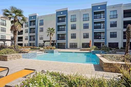 Apartments for Rent in North Little Rock, AR 72114– Metropolitan-   A pool surrounded by a patio and a building.