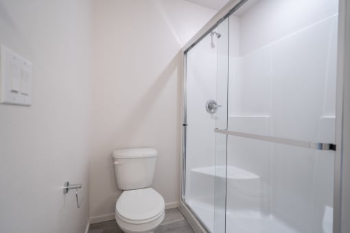 a bathroom with a toilet and a shower with a glass door