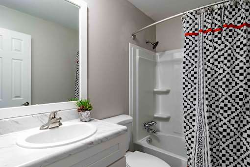 Bathroom with updated vanity and patterned shower curtain in renovated Atlanta apartment.