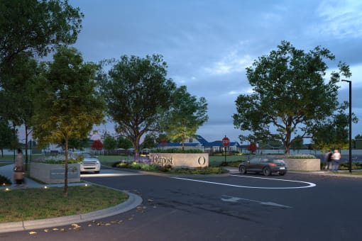 a rendering of a parking lot with cars and trees