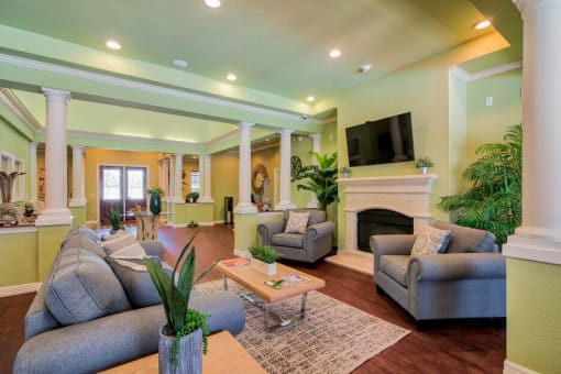 the clubhouse with a tv and area to relax on a couch or chair