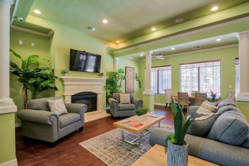 the clubhouse with a tv and area to relax on a couch or chair