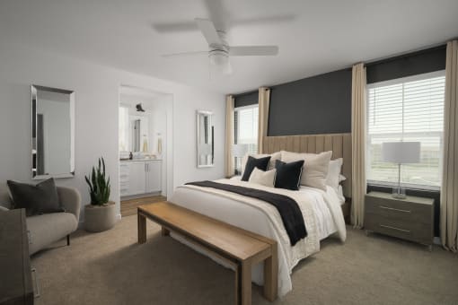 Single Family Homes For Rent In Roseville, CA, With In-Unit Washer And Dryer - Cyrene At Fiddyment - Spacious Bedroom With Plush Carpet Flooring, A Ceiling Fan, Two Windows With Blinds, And A Bathroom
