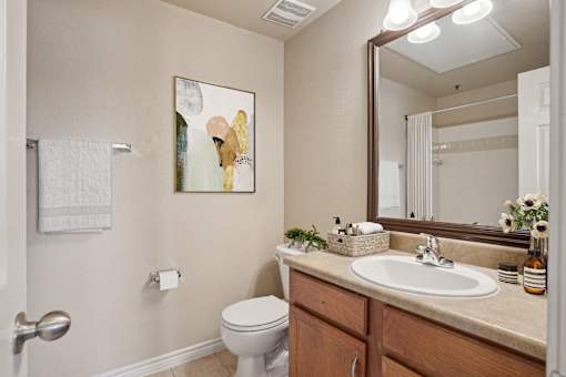 A bathroom with a toilet, sink, and mirror.