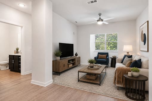 A living room with a television, couch, and a rug.