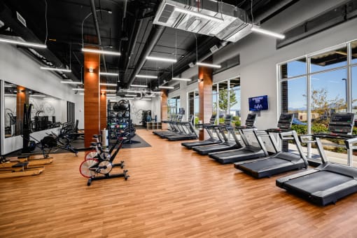 a gym with cardio machines and weights on a wooden floor